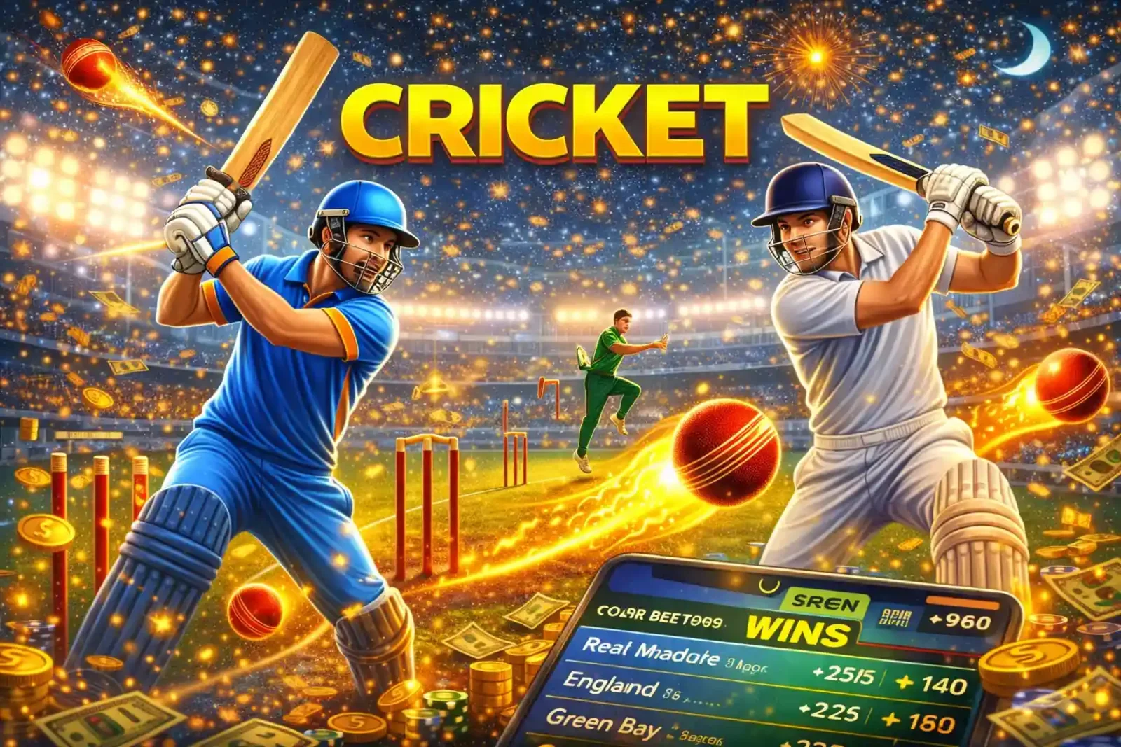Cricket Betting Odds Two cricket batsmen in action with a mobile phone displaying live match betting odds