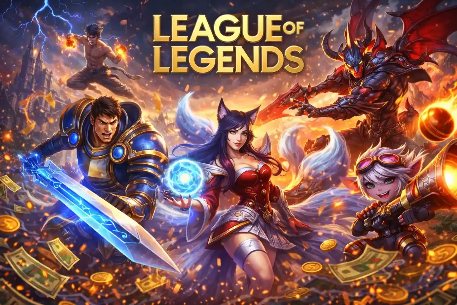 League Of Legends Betting League of Legends characters posing dynamically with floating gold coins and betting elements
