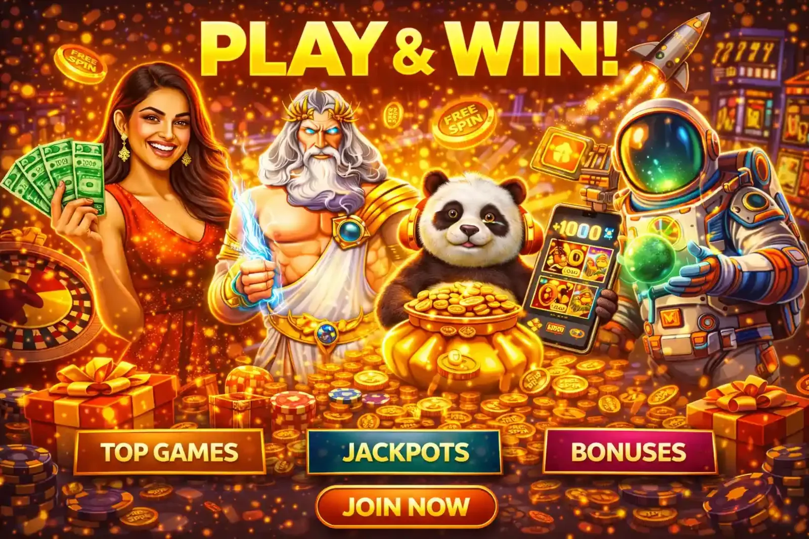 Play And Win Casino Exciting casino hero banner featuring Zeus, a panda, and a spaceman with slot machines